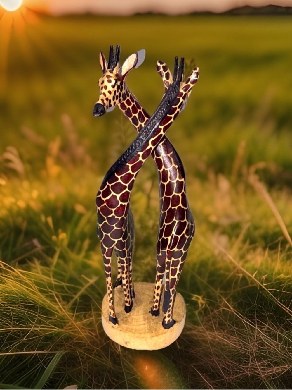 Hand Carved Wooden Giraffe Sculpture Intertwined Necks Hand Painted 12.5" - Picture 2 of 16